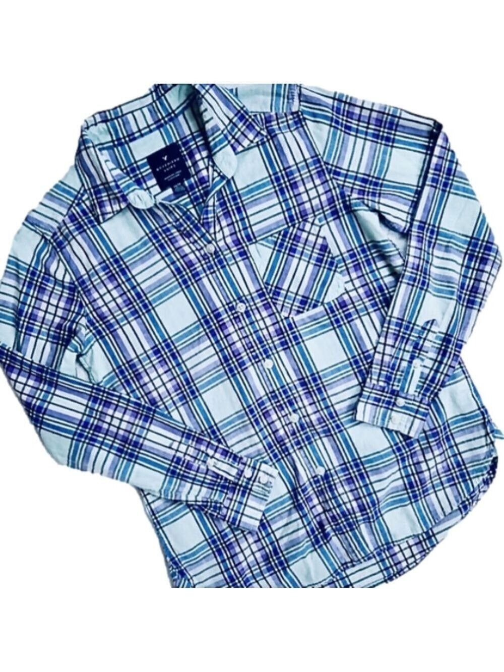 American Eagle Teal Purple And Blue Plaid Boyfriend Button Down Shirt - Picture 2 of 6